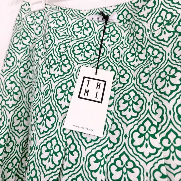 THML Green White Fleur Print 100% Cotton A line Pleated Mini Skirt NEW - Picture 9 of 16